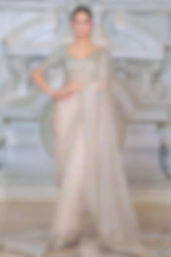 Peach Organza & Fendi Silk Reception Saree Set by Rajani Gupta at Pernia's Pop Up Shop