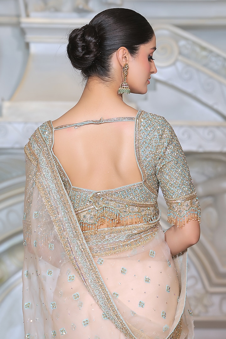 Peach Organza & Fendi Silk Reception Saree Set by Rajani Gupta at Pernia's Pop Up Shop