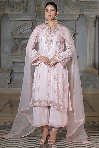 Baby Pink Organza & Tissue Pakistani Kurta Set by Rajani Gupta