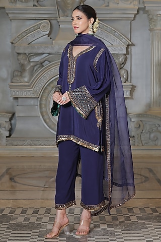 Blue Organza & Tissue Pakistani Kurta Set by Rajani Gupta