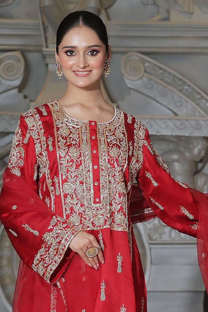 Red Organza & Tissue Pakistani Kurta Set by Rajani Gupta at Pernia's Pop Up Shop