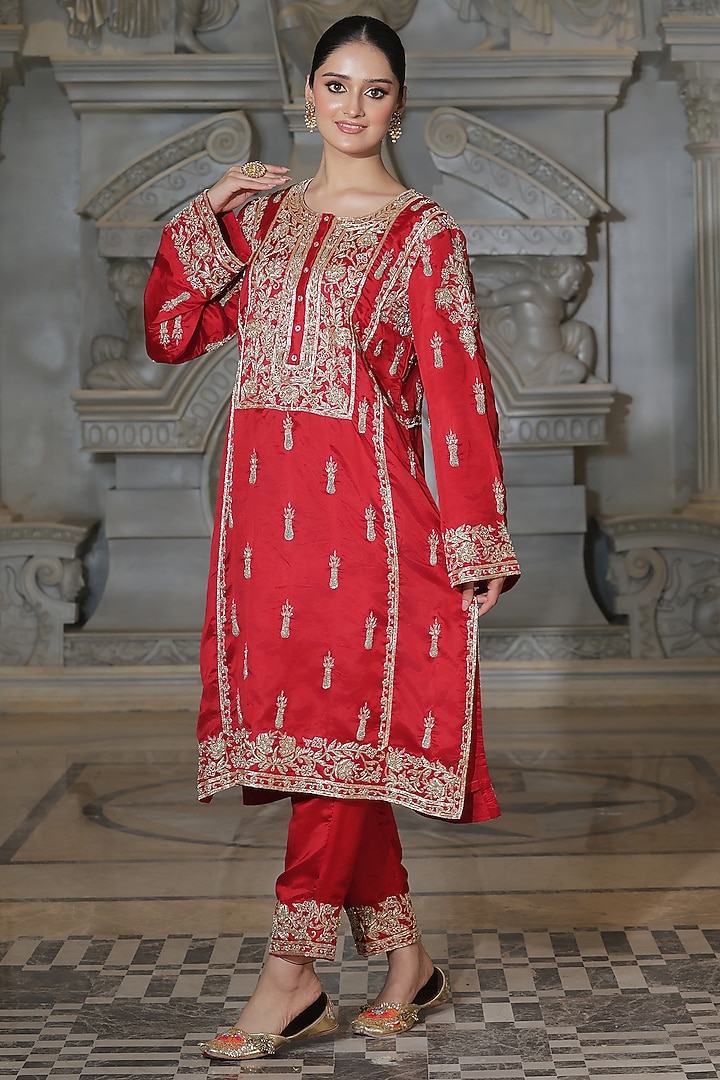 Red Organza & Tissue Pakistani Kurta Set by Rajani Gupta at Pernia's Pop Up Shop