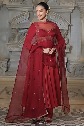 Maroon Organza & Tissue Pakistani Anarkali Set by Rajani Gupta