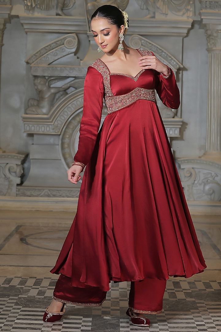 Maroon Organza & Tissue Pakistani Bridal Anarkali Set by Rajani Gupta at Pernia's Pop Up Shop