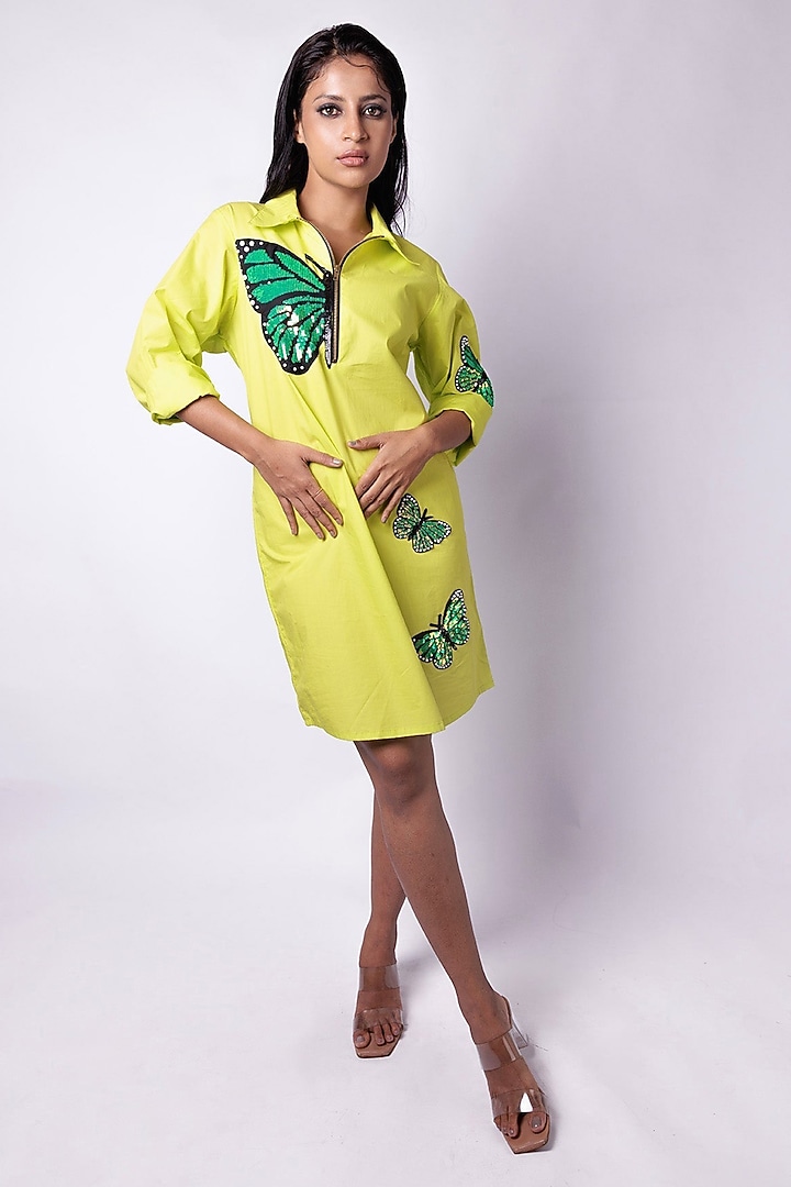 Neon Green Cotton Sequin Embroidered Mini Vacation Dress by Richaa Goenka at Pernia's Pop Up Shop