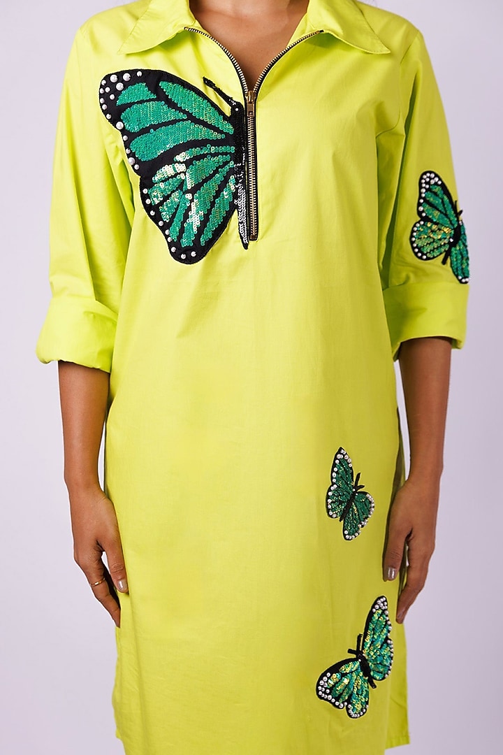 Neon Green Cotton Sequin Embroidered Mini Vacation Dress by Richaa Goenka at Pernia's Pop Up Shop