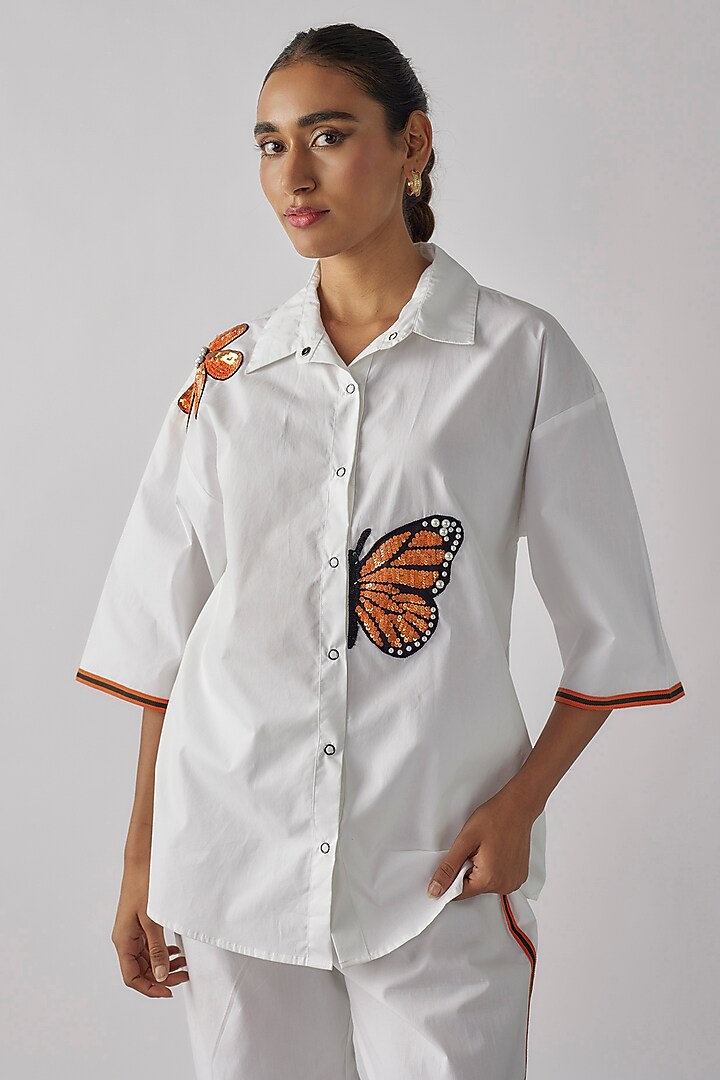 White Cotton Floral Embroidered Co-Ord Set by Richaa Goenka at Pernia's Pop Up Shop