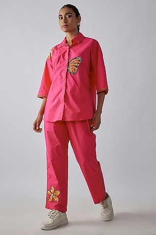 Hot Pink Cotton Floral Embroidered Co-Ord Set by Richaa Goenka