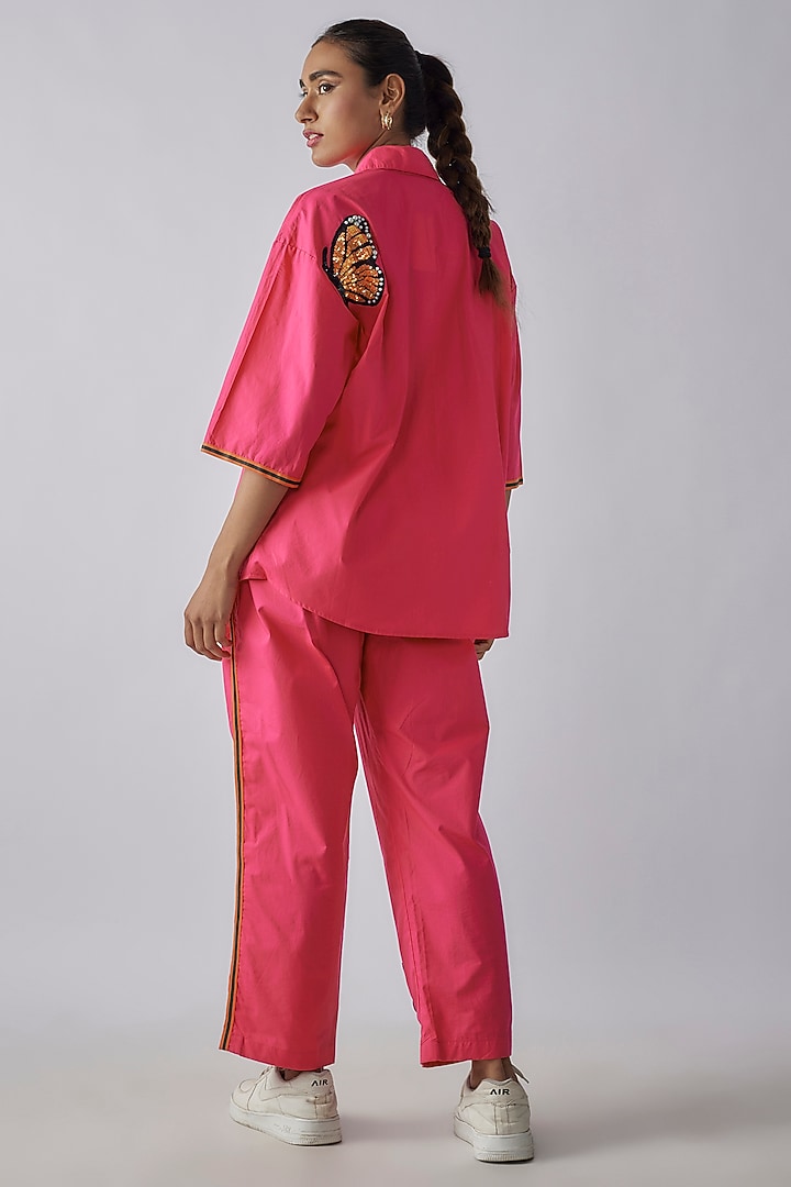 Hot Pink Cotton Floral Embroidered Co-Ord Set by Richaa Goenka at Pernia's Pop Up Shop