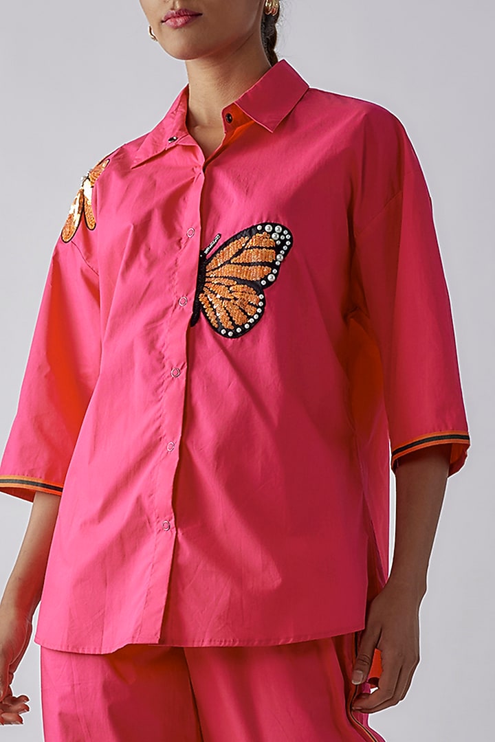Hot Pink Cotton Floral Embroidered Co-Ord Set by Richaa Goenka at Pernia's Pop Up Shop