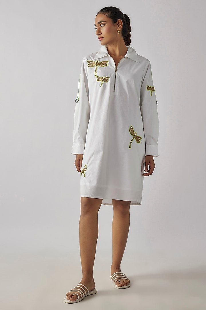 White Cotton Dragonfly Zari Embroidered Dress by Richaa Goenka