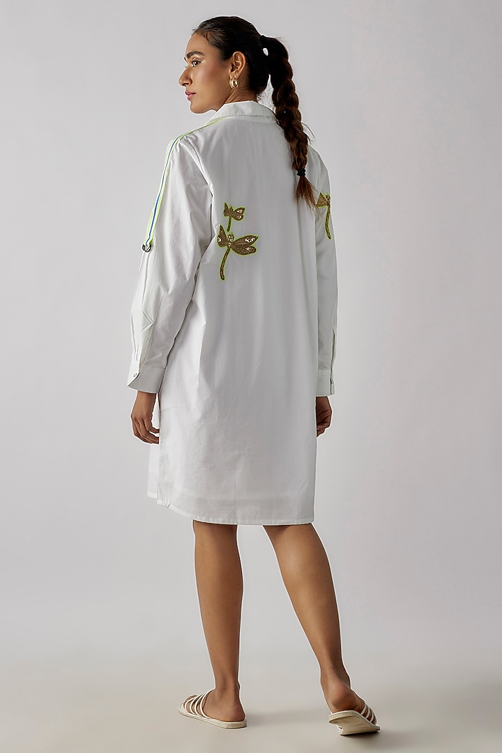 White Cotton Dragonfly Zari Embroidered Vacation Dress by Richaa Goenka at Pernia's Pop Up Shop