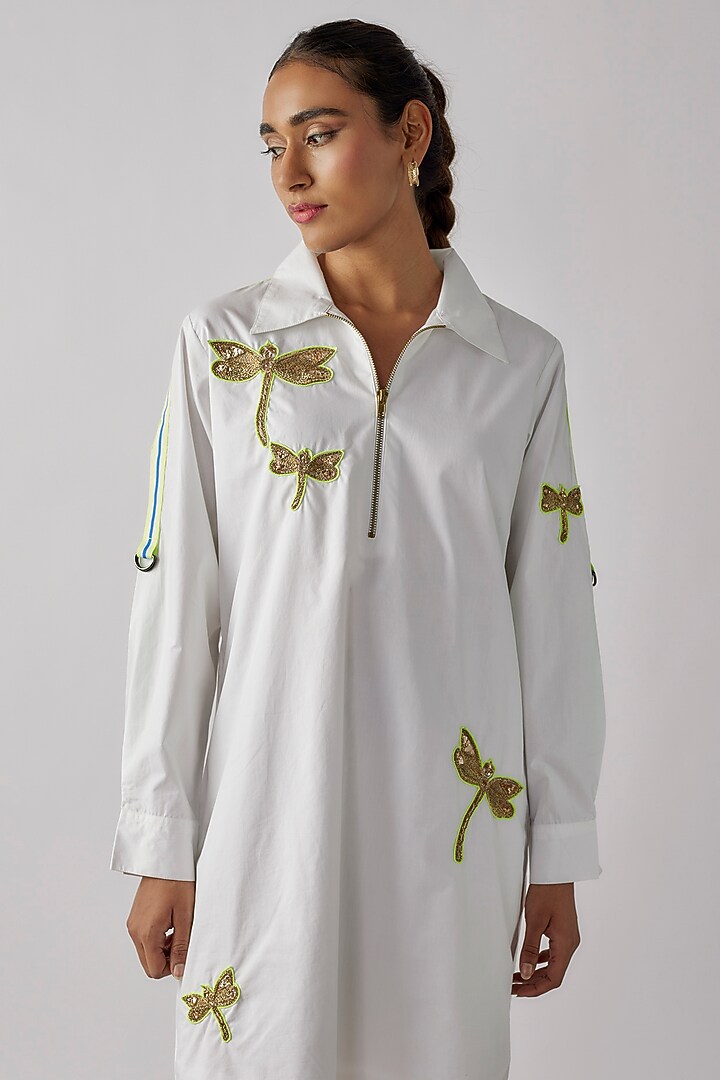 White Cotton Dragonfly Zari Embroidered Vacation Dress by Richaa Goenka at Pernia's Pop Up Shop