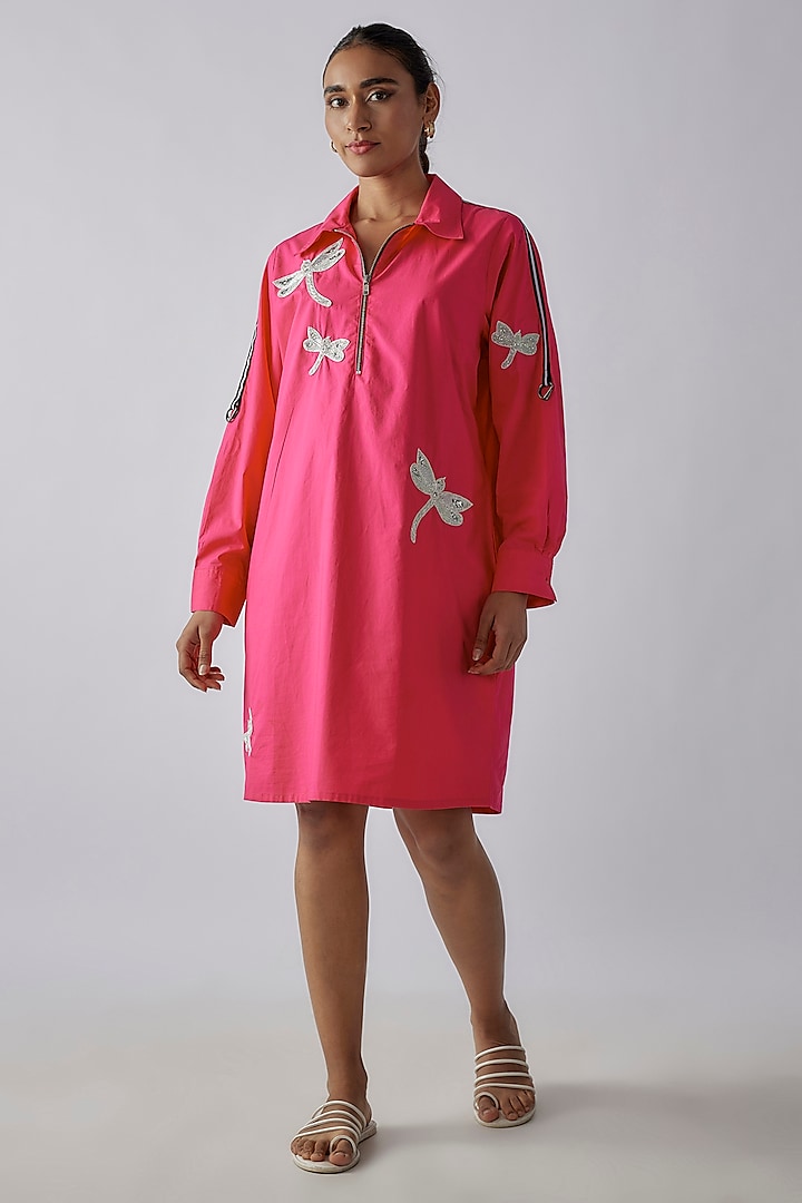 Hot Pink Cotton Dragonfly Zari Embroidered Dress by Richaa Goenka