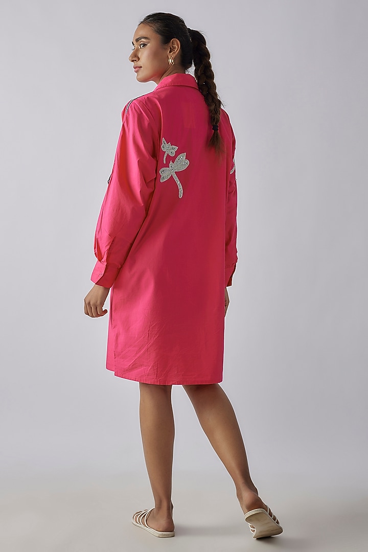 Hot Pink Cotton Dragonfly Zari Embroidered Vacation Dress by Richaa Goenka at Pernia's Pop Up Shop