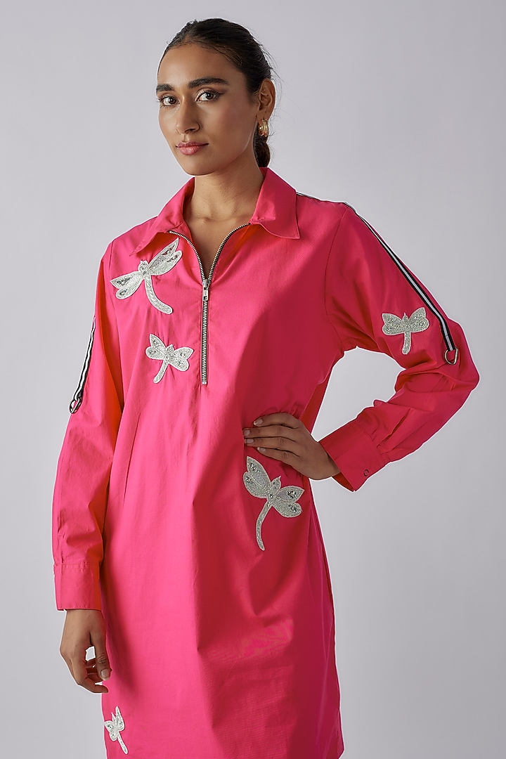 Hot Pink Cotton Dragonfly Zari Embroidered Vacation Dress by Richaa Goenka at Pernia's Pop Up Shop