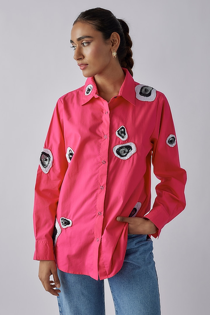 Hot Pink Cotton Abstract Motif Embroidered Shirt by Richaa Goenka