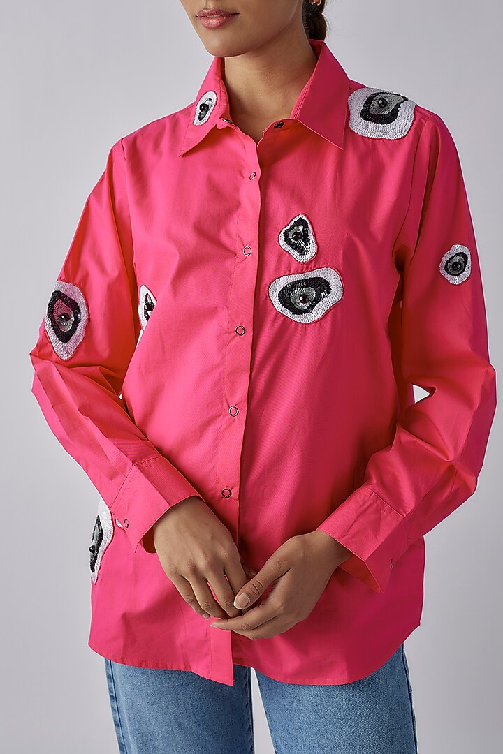 Hot Pink Cotton Abstract Motif Embroidered Shirt by Richaa Goenka at Pernia's Pop Up Shop