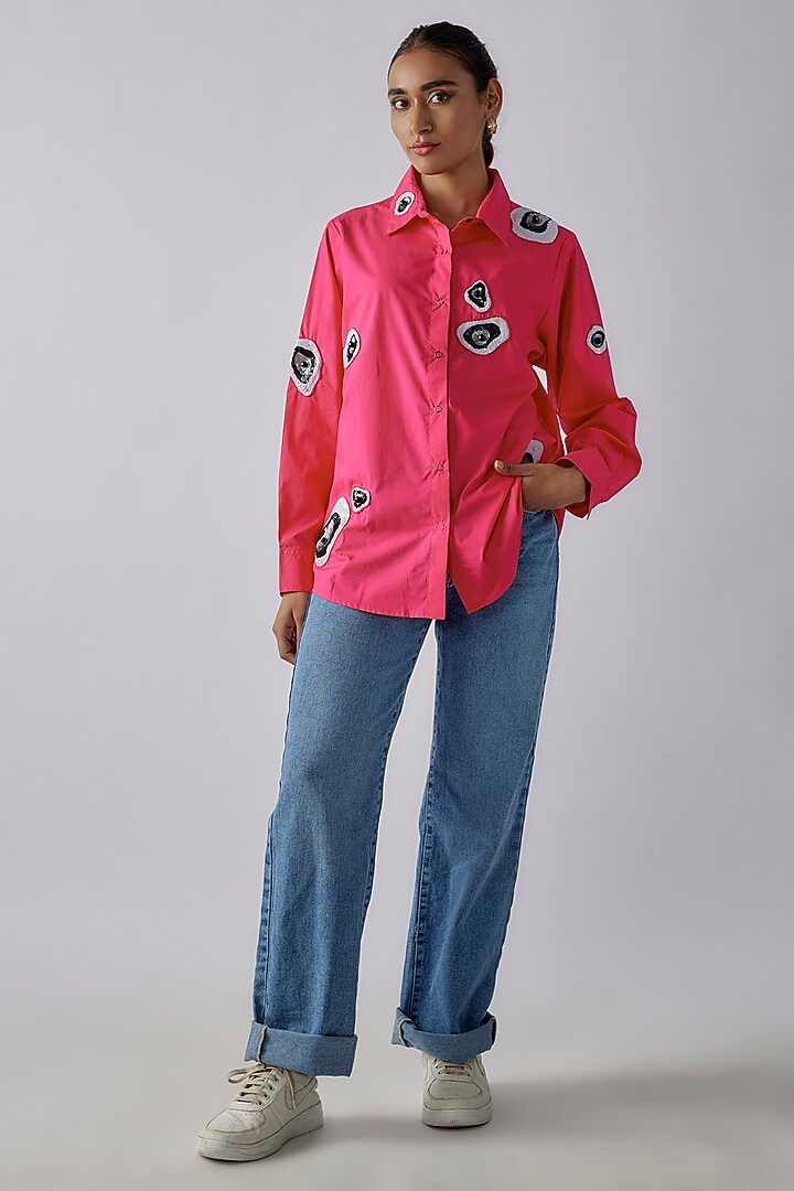 Hot Pink Cotton Abstract Motif Embroidered Shirt by Richaa Goenka at Pernia's Pop Up Shop