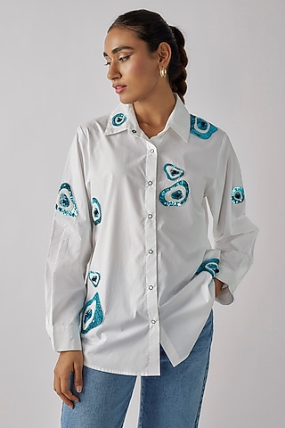 White Cotton Abstract Evil Eye Embroidered Shirt by Richaa Goenka