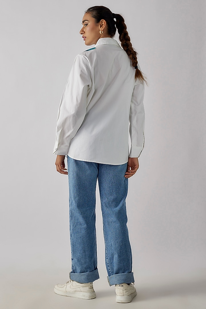White Cotton Abstract Evil Eye Embroidered Shirt by Richaa Goenka at Pernia's Pop Up Shop