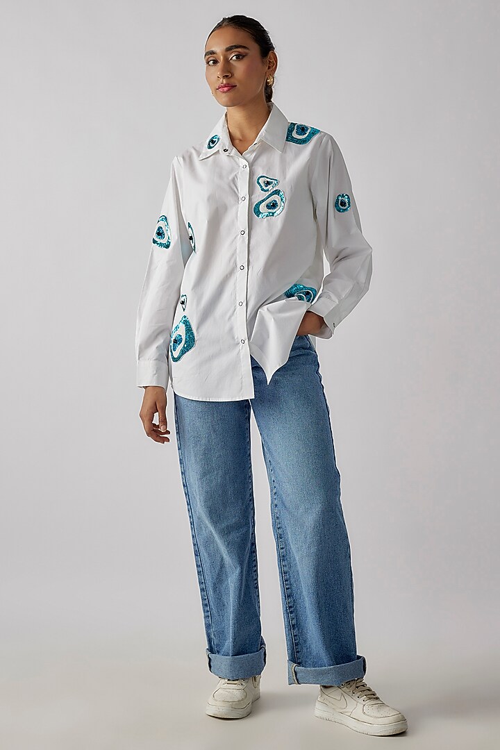 White Cotton Abstract Evil Eye Embroidered Shirt by Richaa Goenka at Pernia's Pop Up Shop