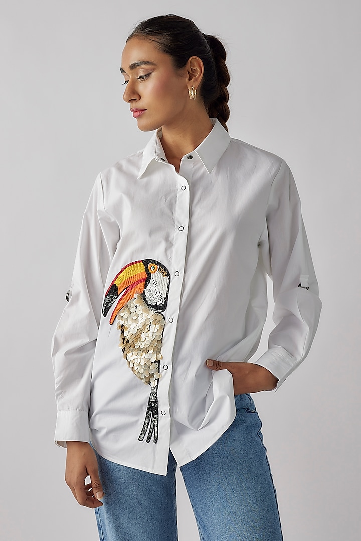 White Cotton Sequins Embroidered Shirt by Richaa Goenka