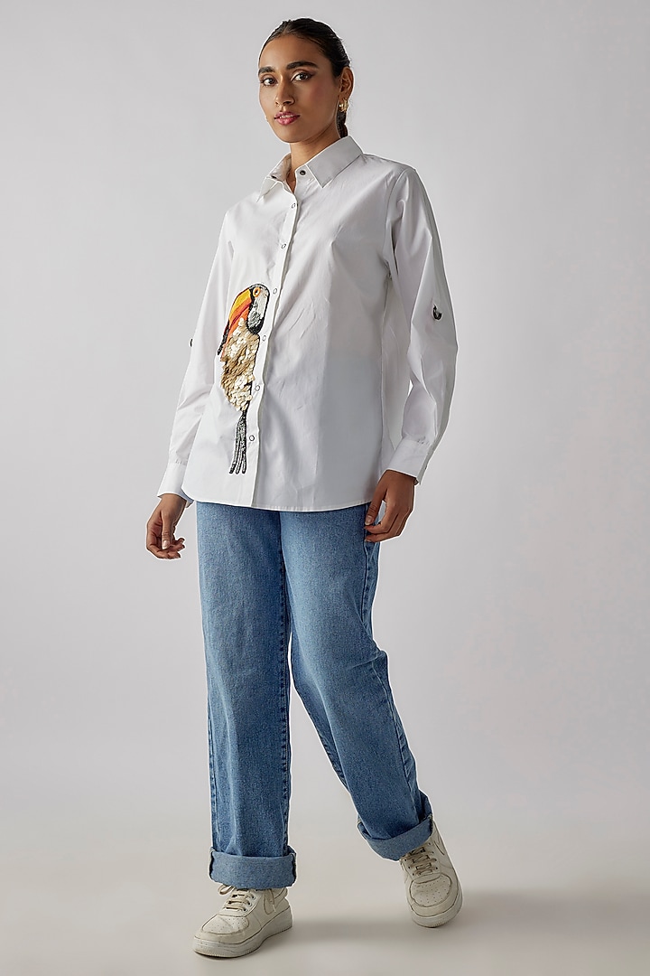 White Cotton Sequins Embroidered Shirt by Richaa Goenka at Pernia's Pop Up Shop