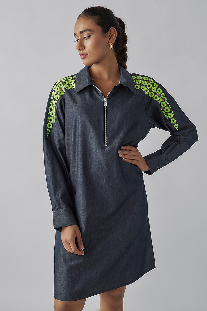 Blue Denim Sequins & Cutwork Embroidered Summer Dress by Richaa Goenka at Pernia's Pop Up Shop