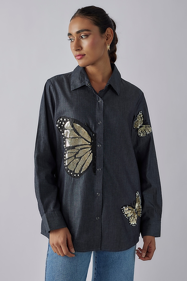 Blue Denim Sequins Embroidered Shirt by Richaa Goenka