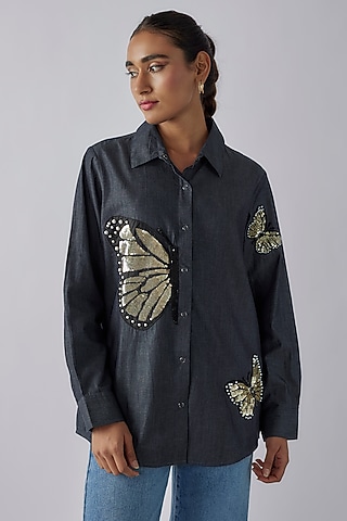 Blue Denim Sequins Embroidered Shirt by Richaa Goenka