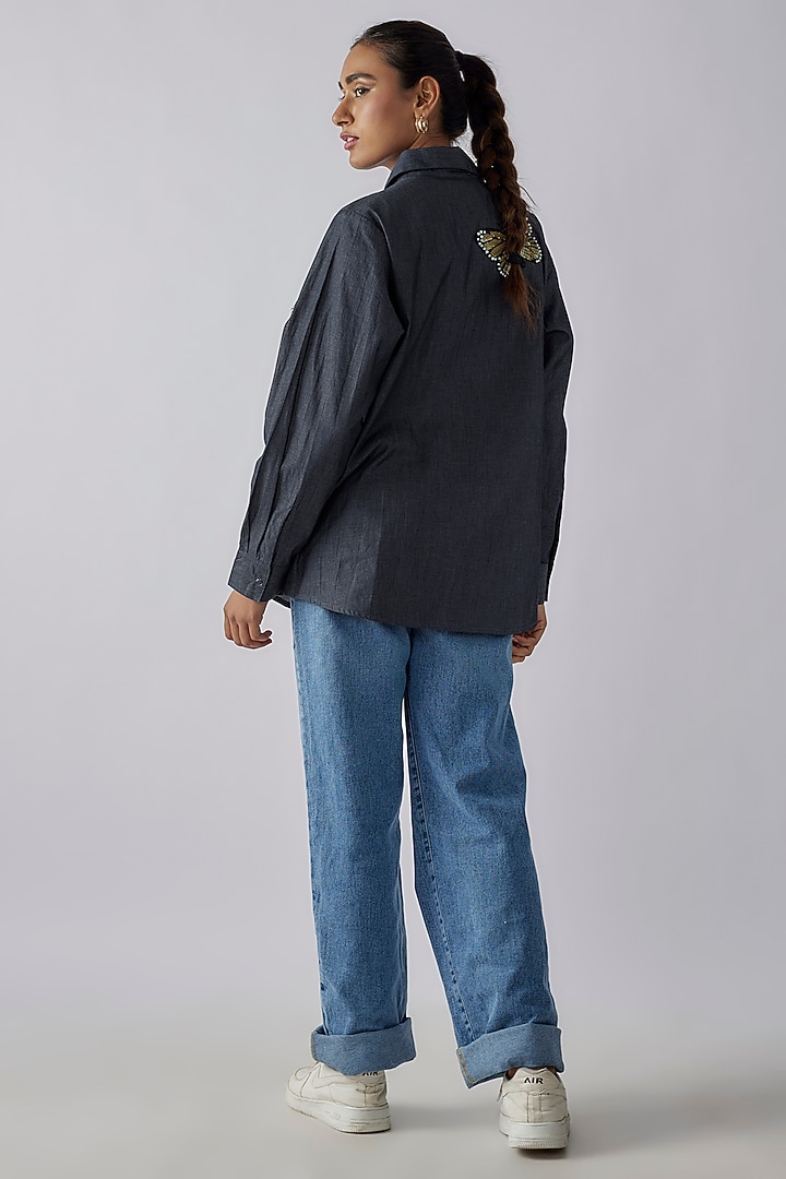 Blue Denim Sequins Embroidered Shirt by Richaa Goenka at Pernia's Pop Up Shop
