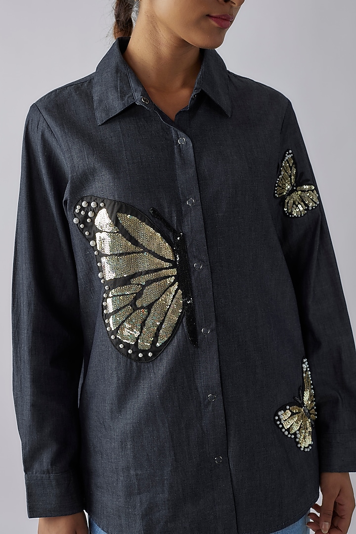 Blue Denim Sequins Embroidered Shirt by Richaa Goenka at Pernia's Pop Up Shop