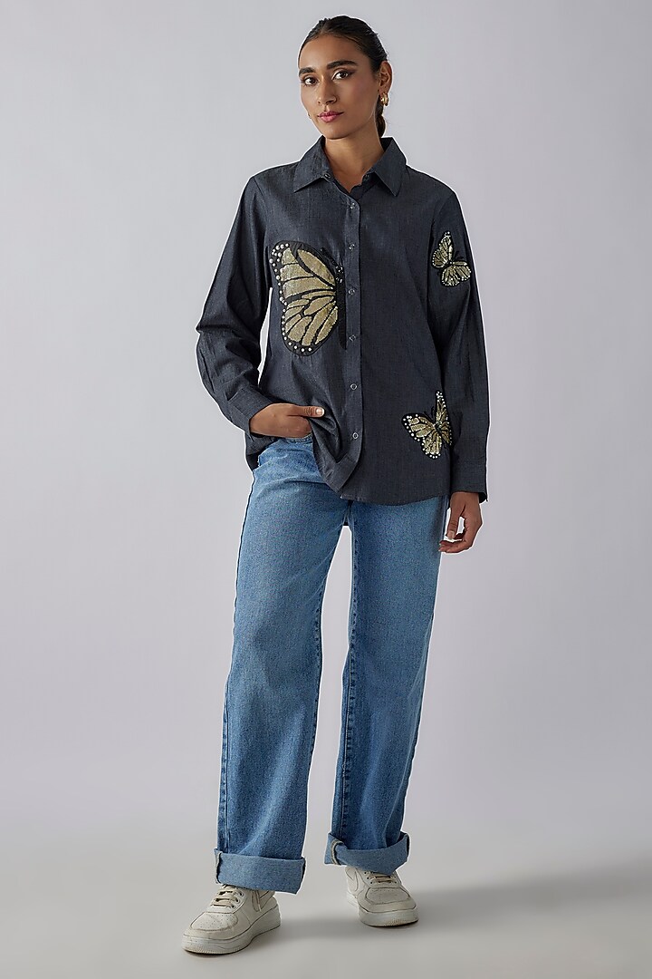Blue Denim Sequins Embroidered Shirt by Richaa Goenka at Pernia's Pop Up Shop