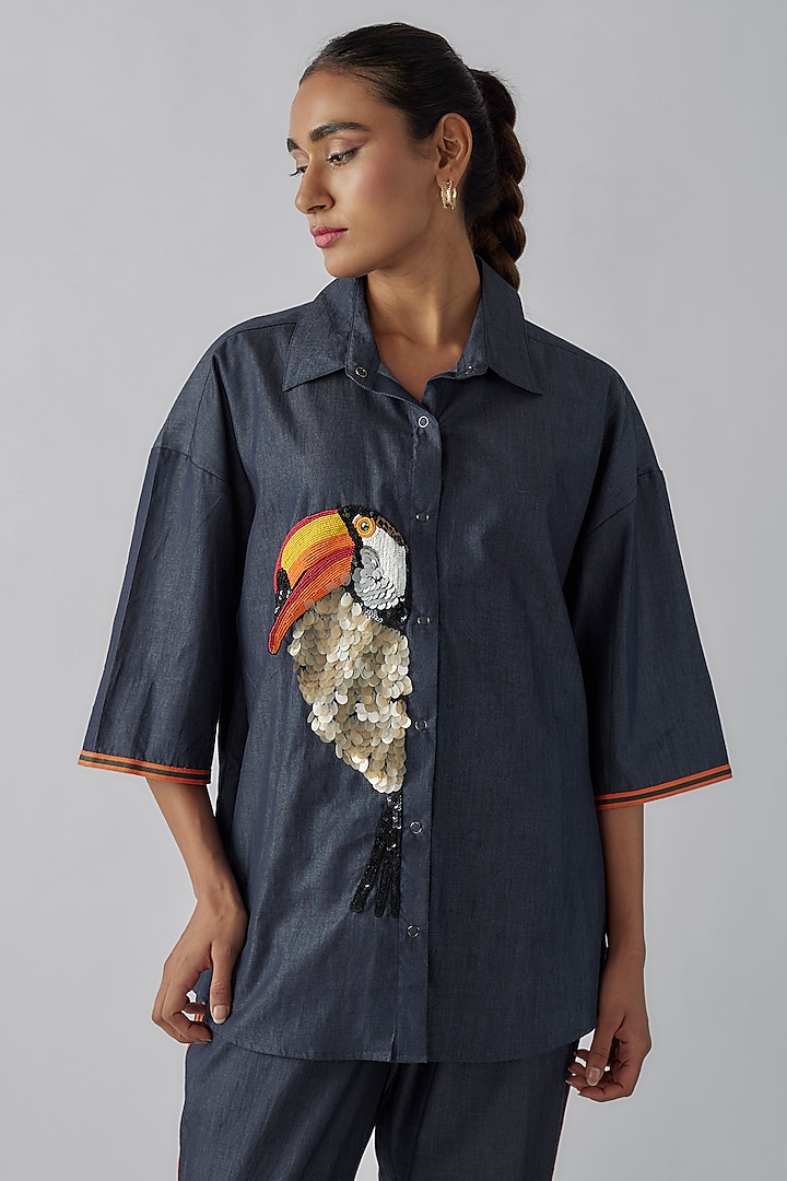 Blue Denim Sequins Embroidered Co-Ord Set by Richaa Goenka at Pernia's Pop Up Shop