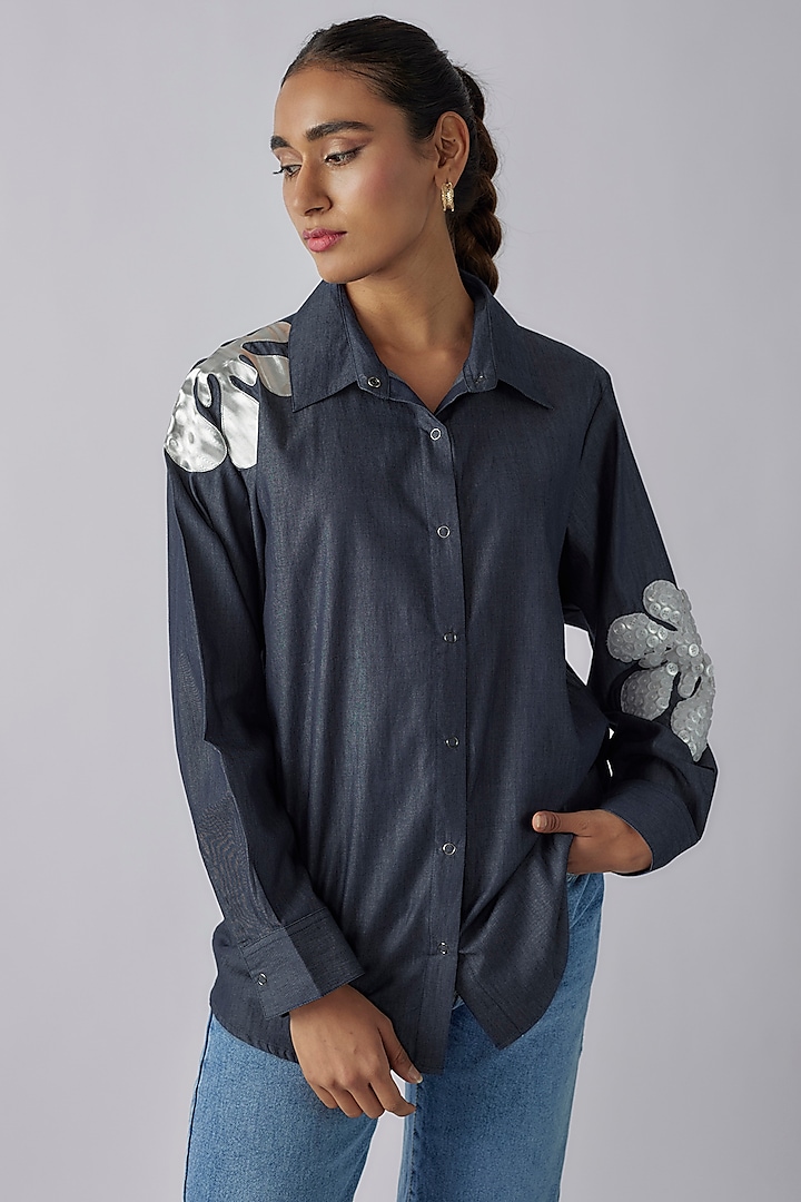 Blue Denim Applique Embroidered Shirt by Richaa Goenka
