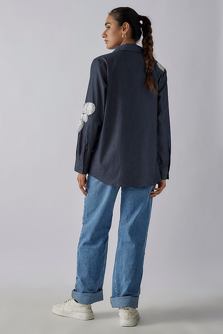 Blue Denim Applique Embroidered Shirt by Richaa Goenka at Pernia's Pop Up Shop