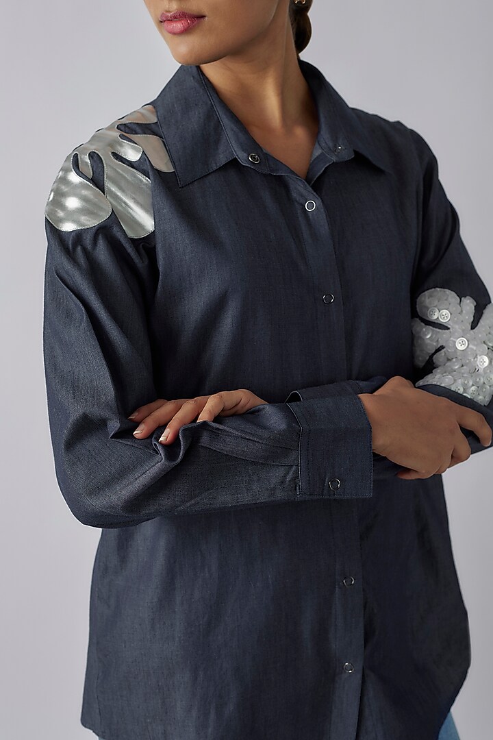 Blue Denim Applique Embroidered Shirt by Richaa Goenka at Pernia's Pop Up Shop