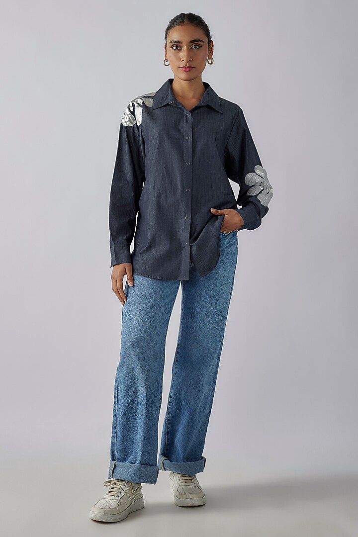 Blue Denim Applique Embroidered Shirt by Richaa Goenka at Pernia's Pop Up Shop