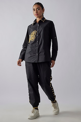 Black Cotton Butterfly & Stud Work Co-Ord Set by Richaa Goenka