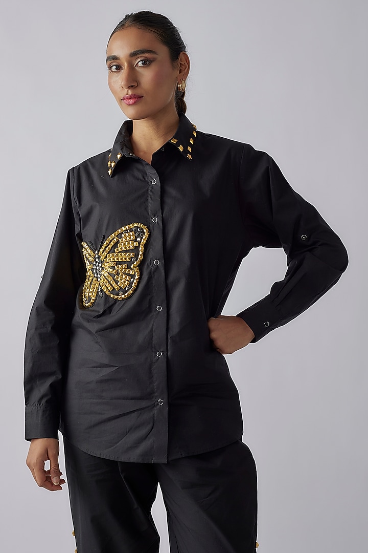 Black Cotton Butterfly & Stud Work Co-Ord Set by Richaa Goenka at Pernia's Pop Up Shop