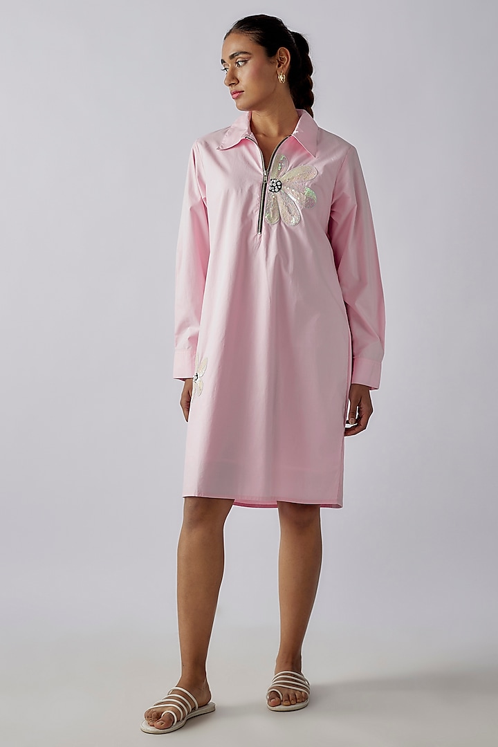 Light Pink Cotton Sequins Embroidered Dress by Richaa Goenka
