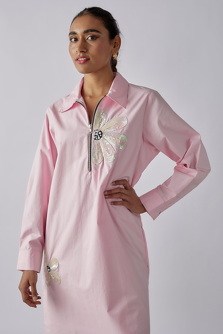 Light Pink Cotton Sequins Embroidered Summer Dress by Richaa Goenka at Pernia's Pop Up Shop