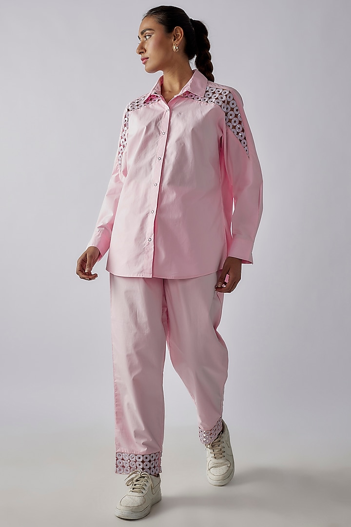 Light Pink Cotton Cutwork Embroidered Co-Ord Set by Richaa Goenka