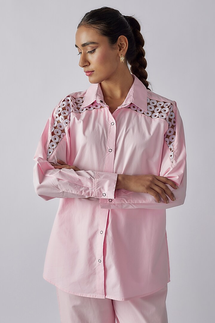Light Pink Cotton Cutwork Embroidered Co-Ord Set by Richaa Goenka at Pernia's Pop Up Shop