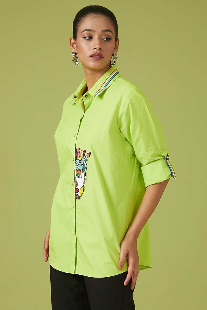 Neon Green Cotton Poplin Embroidered Shirt by Richaa Goenka at Pernia's Pop Up Shop