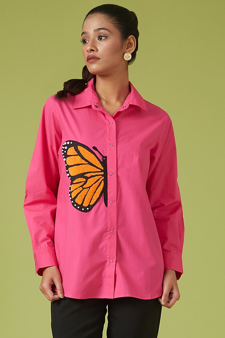 Hot Pink Cotton Poplin Embroidered Shirt by Richaa Goenka