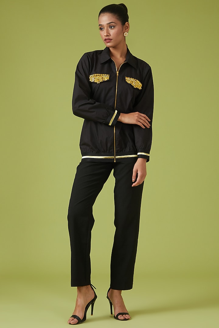 Black Cotton Poplin Bomber Jacket by Richaa Goenka at Pernia's Pop Up Shop