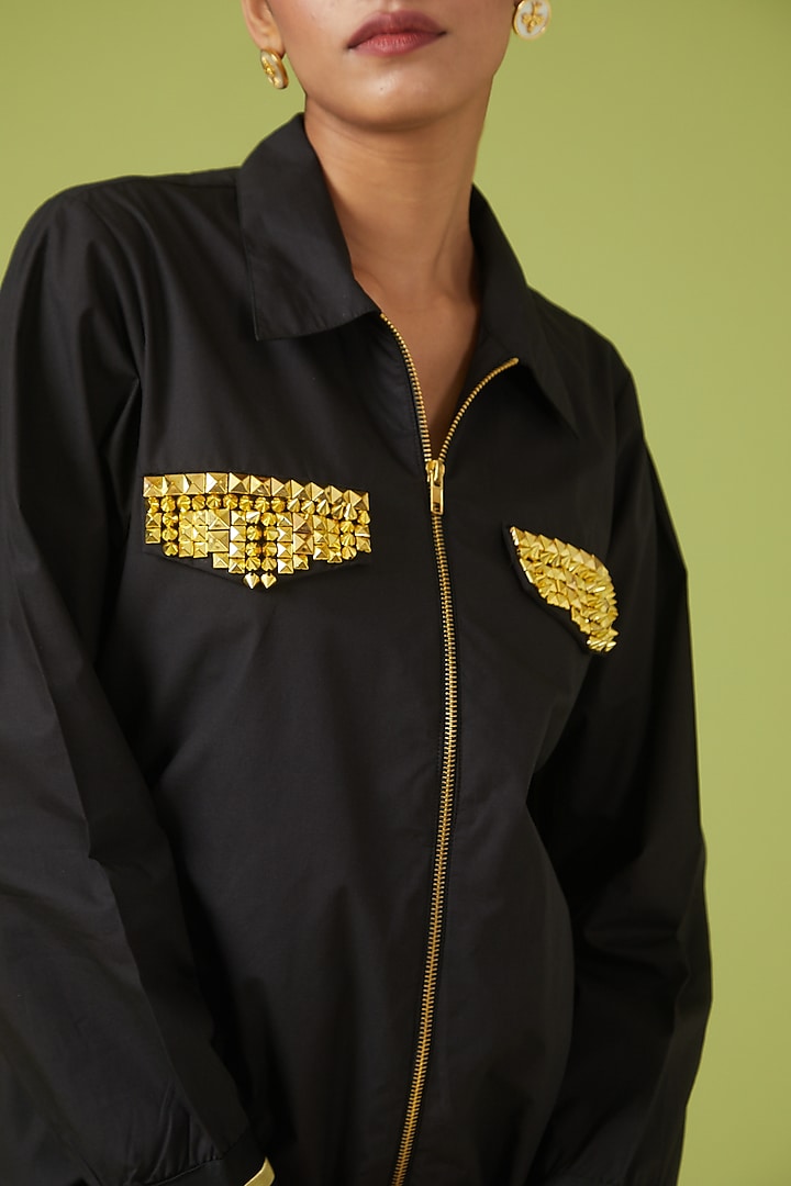 Black Cotton Poplin Bomber Jacket by Richaa Goenka at Pernia's Pop Up Shop