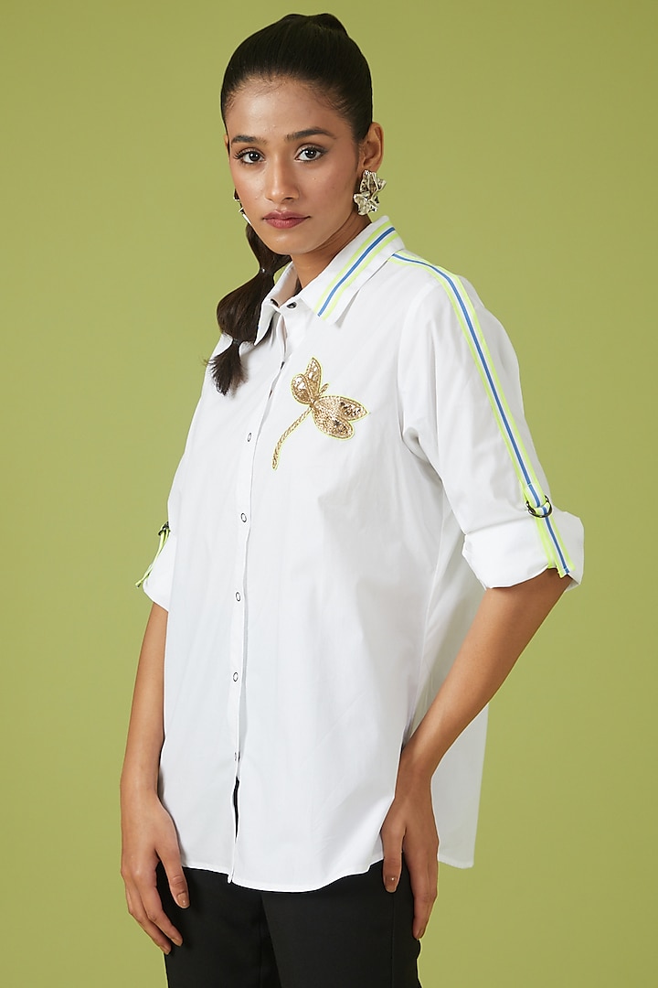 White Cotton Poplin Embroidered Shirt by Richaa Goenka